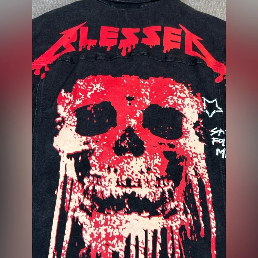 Fashion Nova Men Rockstar Original “Blessed” Skull Graphic Denim Jacket 2XL
